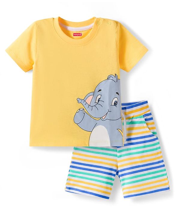 Babyhug Single Jersey Knit Half Sleeves Elephant Printed T-Shirt & Striped Shorts - Yellow, Blue & Green