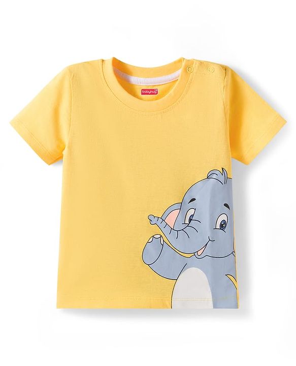 Babyhug Single Jersey Knit Half Sleeves Elephant Printed T-Shirt & Striped Shorts - Yellow, Blue & Green