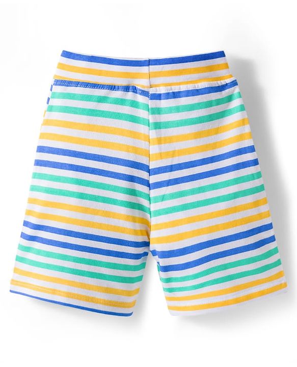 Babyhug Single Jersey Knit Half Sleeves Elephant Printed T-Shirt & Striped Shorts - Yellow, Blue & Green