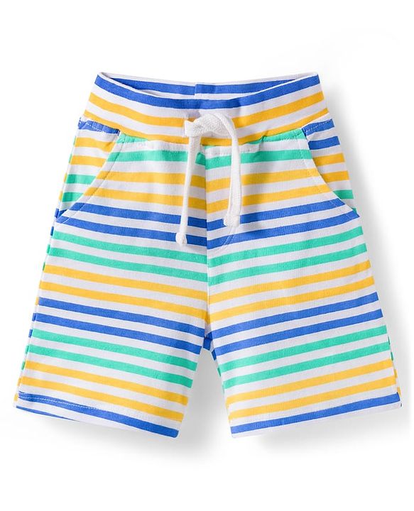 Babyhug Single Jersey Knit Half Sleeves Elephant Printed T-Shirt & Striped Shorts - Yellow, Blue & Green