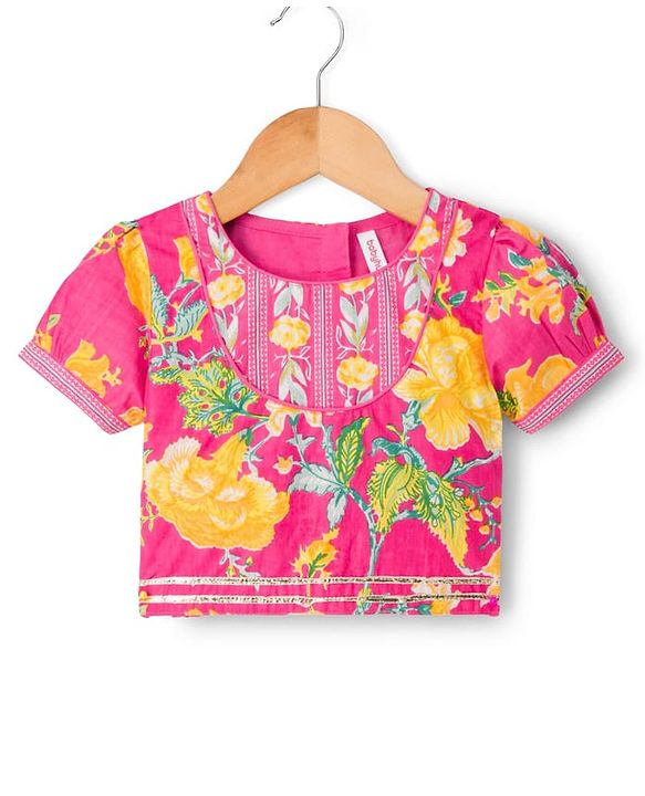 Babyhug Canbric Woven Half Sleeves Choli Lehenga Set With Floral Print & Dupatta - Pink