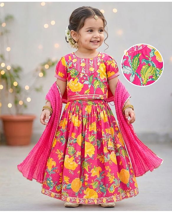 Babyhug Canbric Woven Half Sleeves Choli Lehenga Set With Floral Print & Dupatta - Pink
