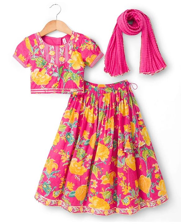 Babyhug Canbric Woven Half Sleeves Choli Lehenga Set With Floral Print & Dupatta - Pink