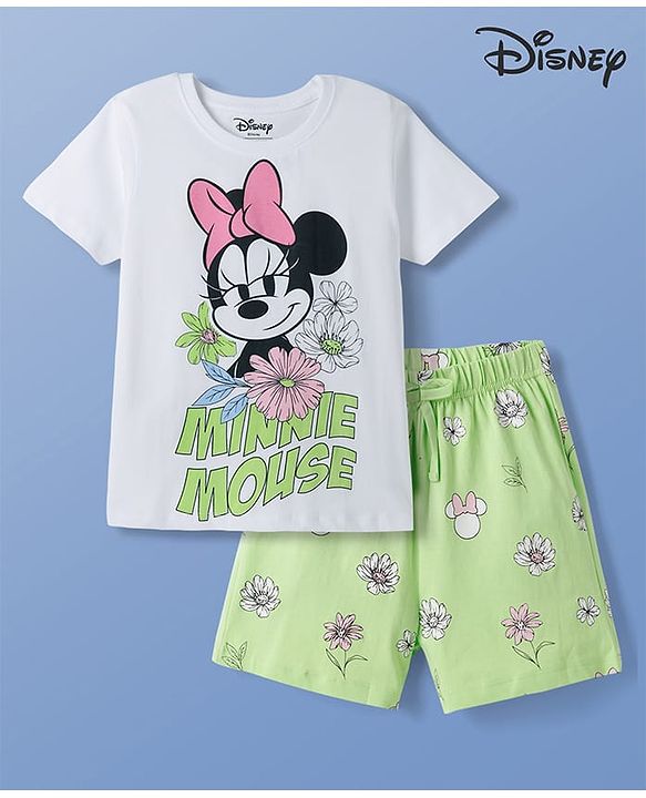 Pine Kids Disney Single Jersey Knit Half Sleeves T-Shirt & Shorts Night Suit With Minnie Mouse Graphics - Multicolor