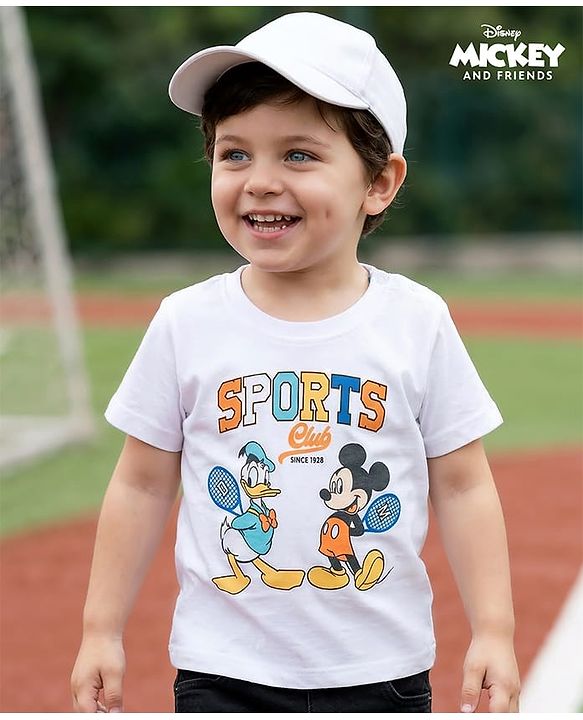 Babyhug Disney Single Jersey Knit Half Sleeves T-Shirt with Mickey Mouse & Friends Graphics - White