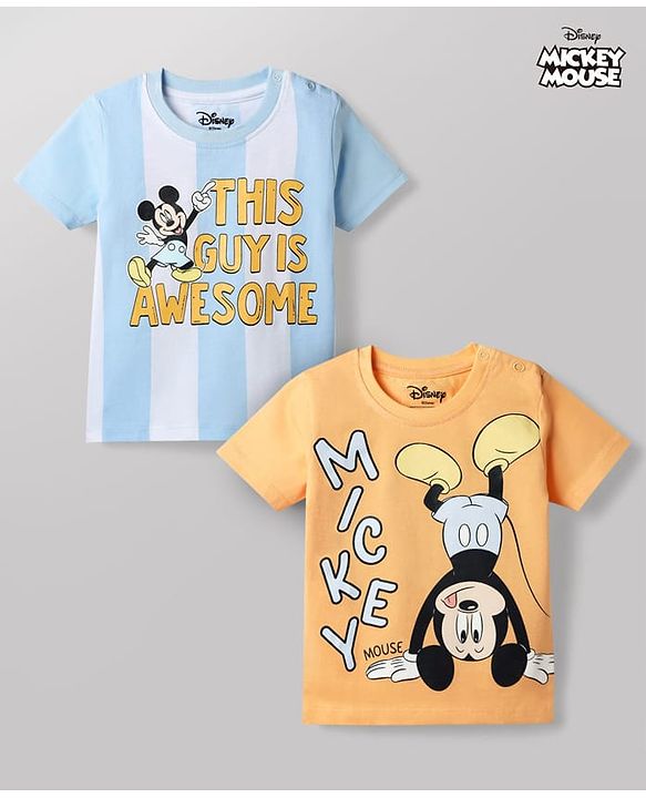Babyhug Disney Cotton Knit T-Shirt with Mickey Mouse Graphic Half Sleeves Round Neck Multi Color 3-6 Months Pack of 2