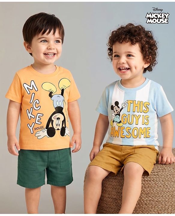 Babyhug Disney Cotton Knit T-Shirt with Mickey Mouse Graphic Half Sleeves Round Neck Multi Color 3-6 Months Pack of 2