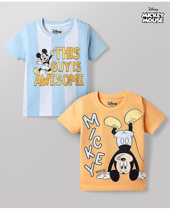 Babyhug Disney Cotton Knit T-Shirt with Mickey Mouse Graphic Half Sleeves Round Neck Multi Color 3-6 Months Pack of 2