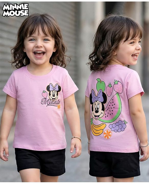 Babyhug Disney Single Jersey Knit Half Sleeves T-Shirt with Front & Back Minnie Mouse Graphics - Pink