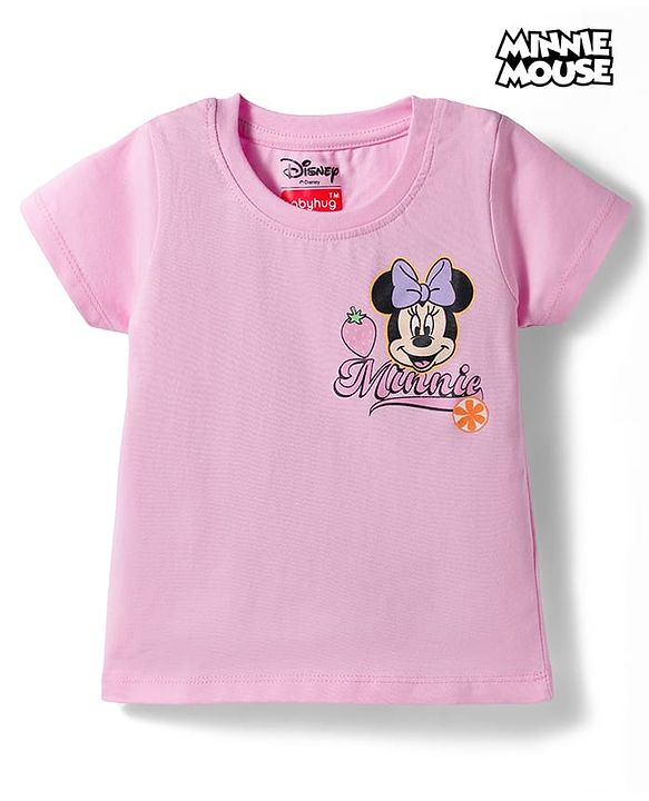 Babyhug Disney Single Jersey Knit Half Sleeves T-Shirt with Front & Back Minnie Mouse Graphics - Pink