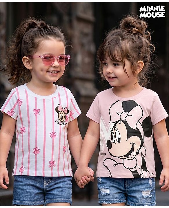 Babyhug Disney Single Jersey Knit Half Sleeves T-Shirts with Minnie Mouse Print Pack of 2 - Pink & White