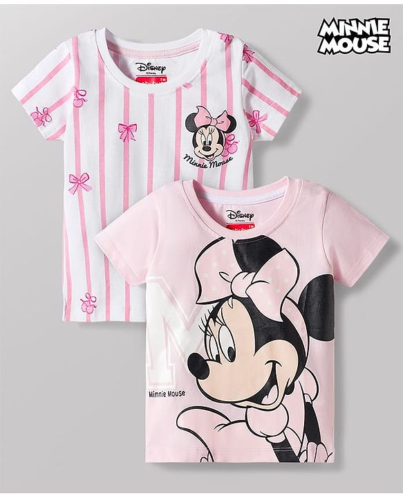 Babyhug Disney Single Jersey Knit Half Sleeves T-Shirts with Minnie Mouse Print Pack of 2 - Pink & White