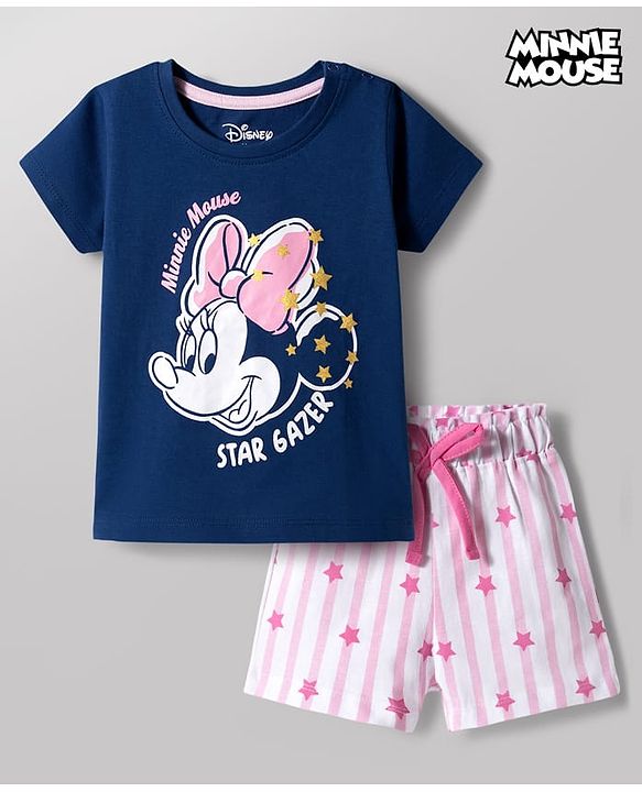 Babyhug Disney Single Jersey Knit Half Sleeves T-Shirt & Shorts Night-Suit With Minnie Mouse Graphics - Multicolor