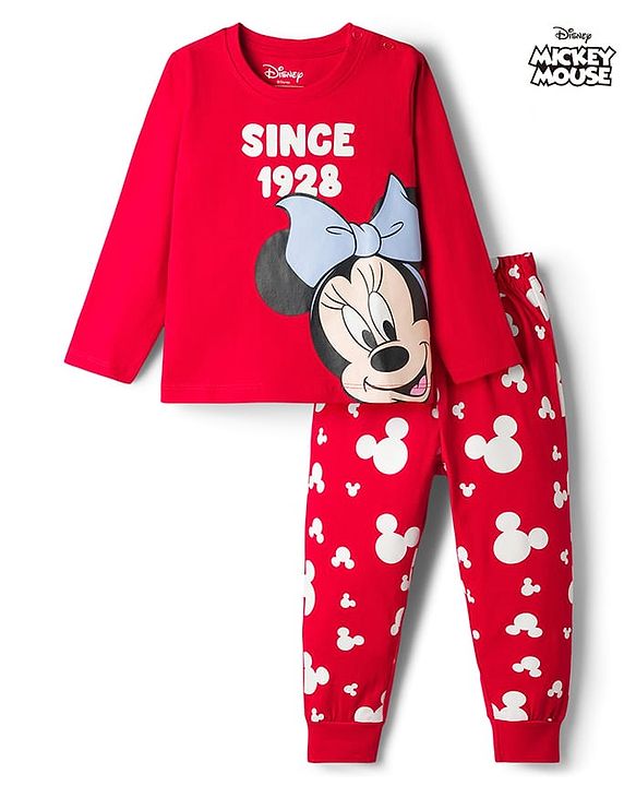 Babyhug Disney Single Jersey Knit Full Sleeves T-Shirt & Pyjama Night-Suit With Minnie Mouse Graphics - Red