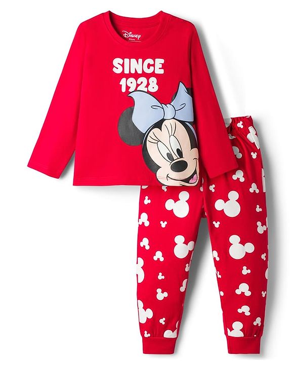 Babyhug Disney Single Jersey Knit Full Sleeves T-Shirt & Pyjama Night-Suit With Minnie Mouse Graphics - Red