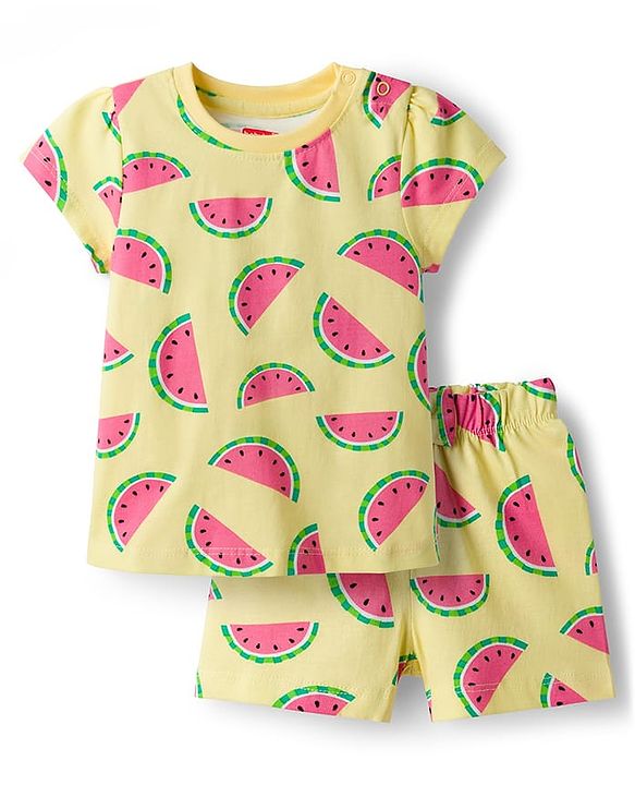 Babyhug Cotton Knit Half Sleeves Co-ords T-Shirt & Shorts Night Suit with Watermelon Print - Yellow