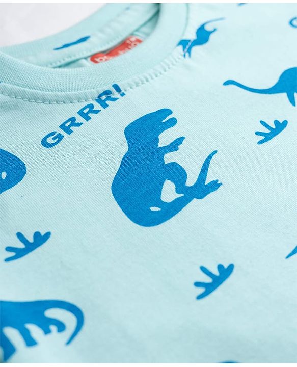 Babyhug Cotton Knit Half Sleeves Co-ords T-Shirt & Shorts Night Suit with Dino Print - Blue