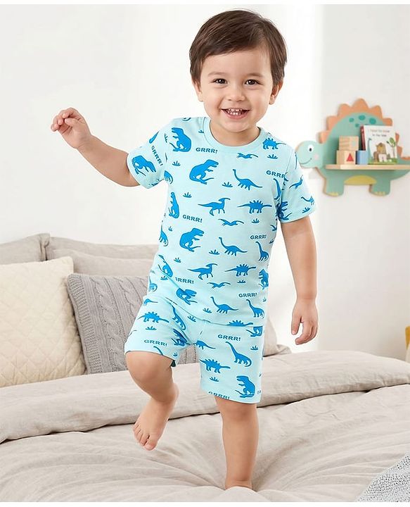 Babyhug Cotton Knit Half Sleeves Co-ords T-Shirt & Shorts Night Suit with Dino Print - Blue
