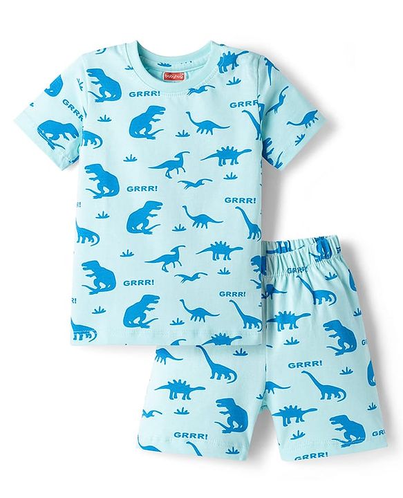 Babyhug Cotton Knit Half Sleeves Co-ords T-Shirt & Shorts Night Suit with Dino Print - Blue