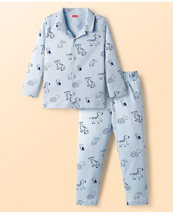 Babyhug Cotton Knit Full Sleeves Shirt & Pyjama Co-ord Night Suit With Animal Print - Light Blue