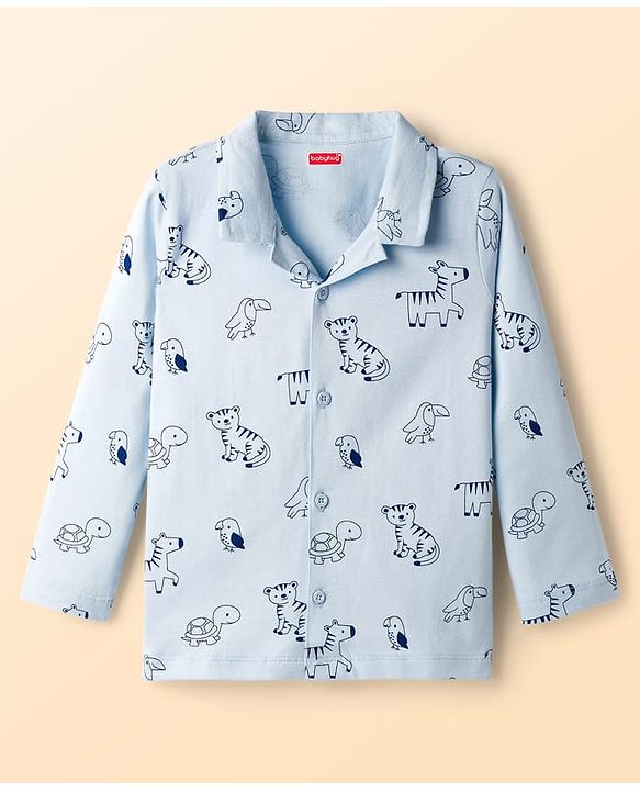 Babyhug Cotton Knit Full Sleeves Shirt & Pyjama Co-ord Night Suit With Animal Print - Light Blue