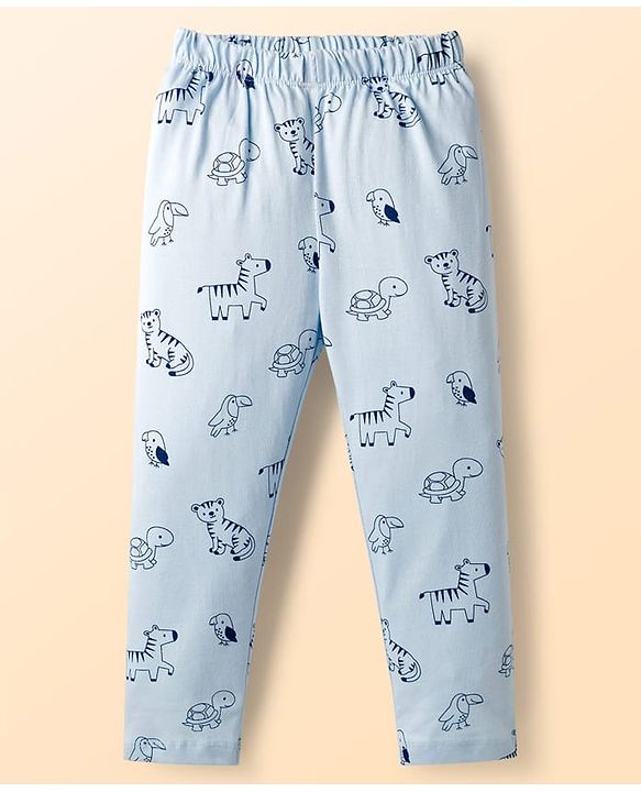 Babyhug Cotton Knit Full Sleeves Shirt & Pyjama Co-ord Night Suit With Animal Print - Light Blue