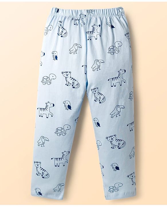 Babyhug Cotton Knit Full Sleeves Shirt & Pyjama Co-ord Night Suit With Animal Print - Light Blue