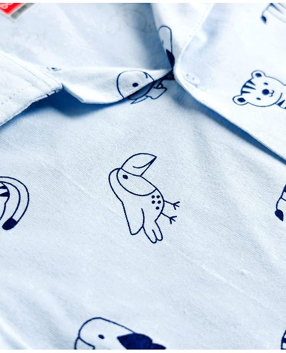 Babyhug Cotton Knit Full Sleeves Shirt & Pyjama Co-ord Night Suit With Animal Print - Light Blue