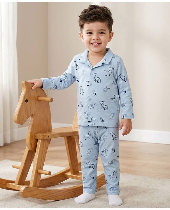 Babyhug Cotton Knit Full Sleeves Shirt & Pyjama Co-ord Night Suit With Animal Print - Light Blue