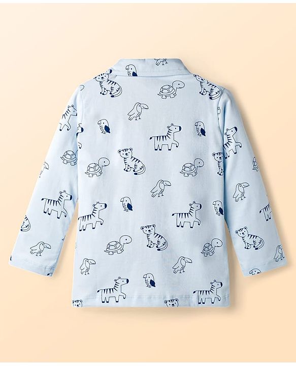Babyhug Cotton Knit Full Sleeves Shirt & Pyjama Co-ord Night Suit With Animal Print - Light Blue
