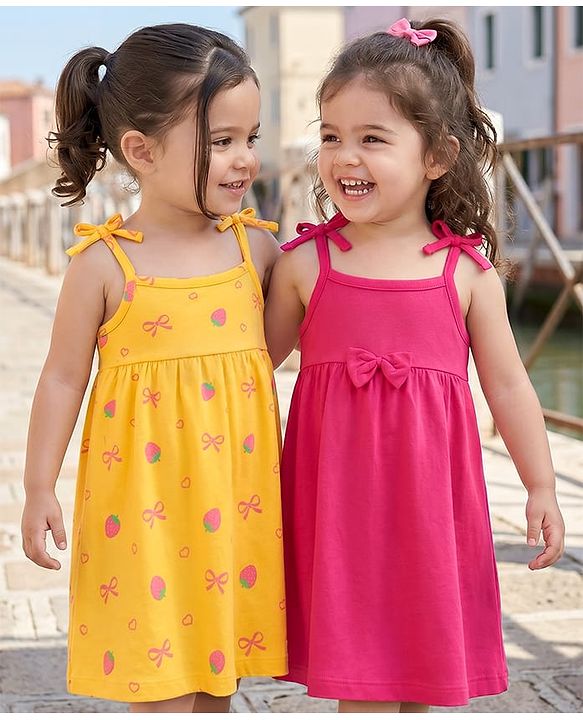 Babyhug Cotton Knit One Piece Dresses/Frocks with Shoulder Straps Pack Of 2 Multi ColorNew Born