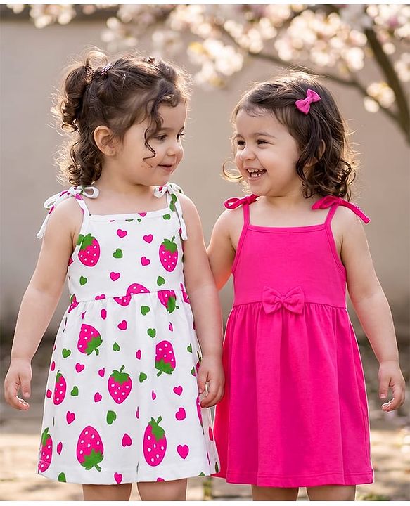 Babyhug Single Jersey Knit Sleeveless Strawberry & Hearts Printed Frocks Pack Of 2 - Multicolor