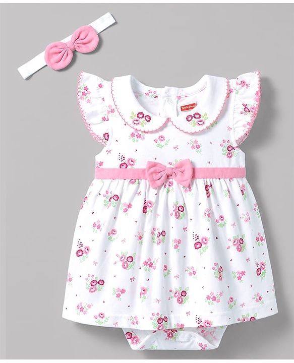 Babyhug 100% Cotton Knit Sleeveless Floral Printed Frock Style Onesie With Headband - White & Pink