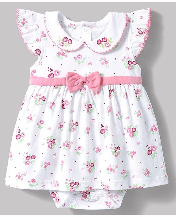 Babyhug 100% Cotton Knit Sleeveless Floral Printed Frock Style Onesie With Headband - White & Pink