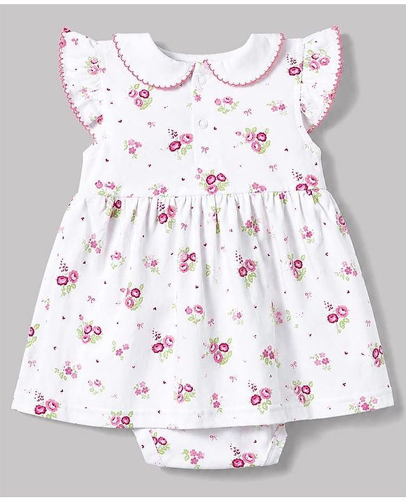 Babyhug 100% Cotton Knit Sleeveless Floral Printed Frock Style Onesie With Headband - White & Pink