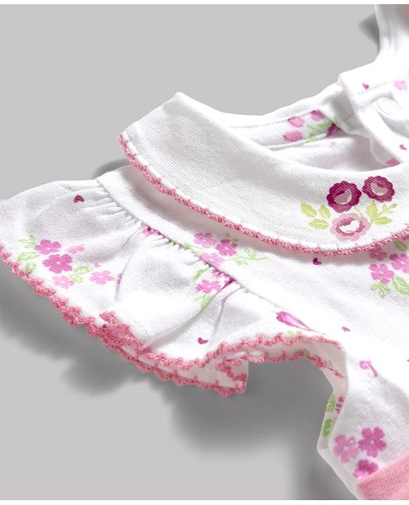 Babyhug 100% Cotton Knit Sleeveless Floral Printed Frock Style Onesie With Headband - White & Pink
