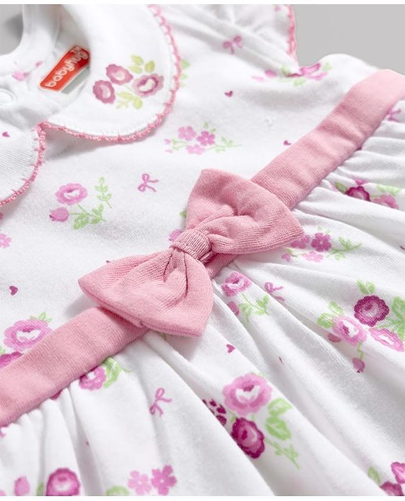 Babyhug 100% Cotton Knit Sleeveless Floral Printed Frock Style Onesie With Headband - White & Pink