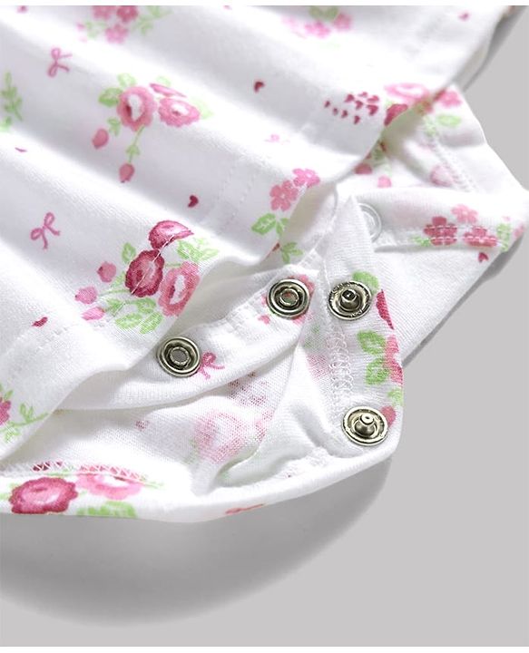Babyhug 100% Cotton Knit Sleeveless Floral Printed Frock Style Onesie With Headband - White & Pink