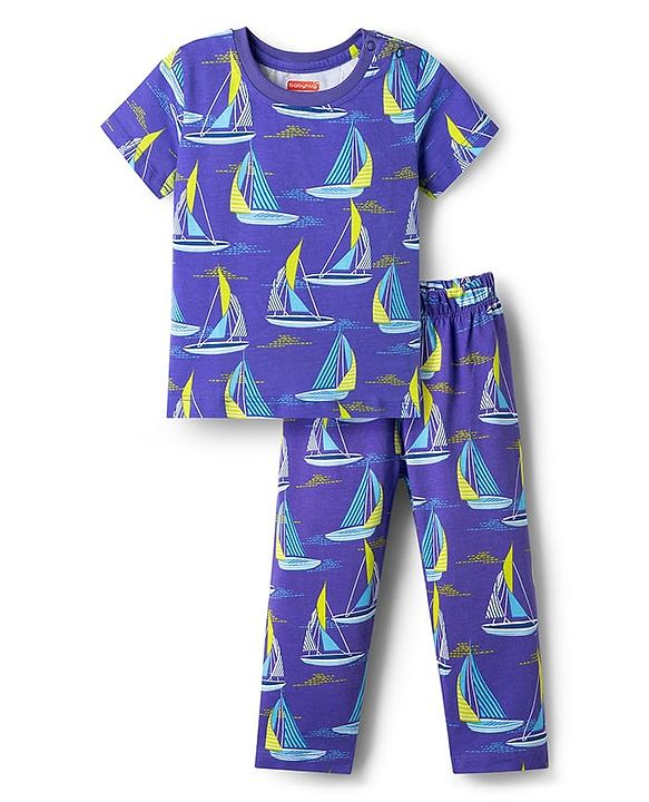 Babyhug Cotton Knit Half Sleeves Co-ords T-Shirt & Pajama Night Suit with Ship Print - Navy Blue