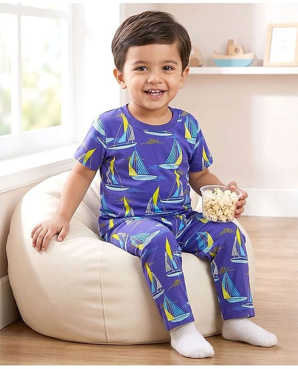 Babyhug Cotton Knit Half Sleeves Co-ords T-Shirt & Pajama Night Suit with Ship Print - Navy Blue