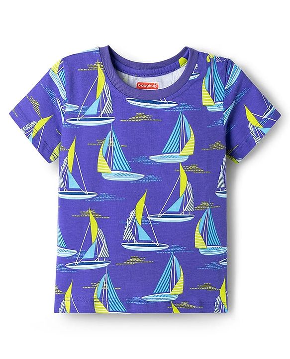 Babyhug Cotton Knit Half Sleeves Co-ords T-Shirt & Pajama Night Suit with Ship Print - Navy Blue