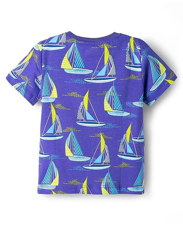 Babyhug Cotton Knit Half Sleeves Co-ords T-Shirt & Pajama Night Suit with Ship Print - Navy Blue