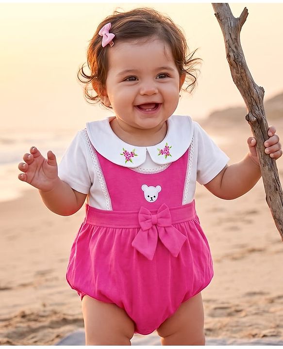 Babyhug 100% Cotton Knit Half Sleeves Onesie with Floral Embroidery & Bow Applique - Pink & White