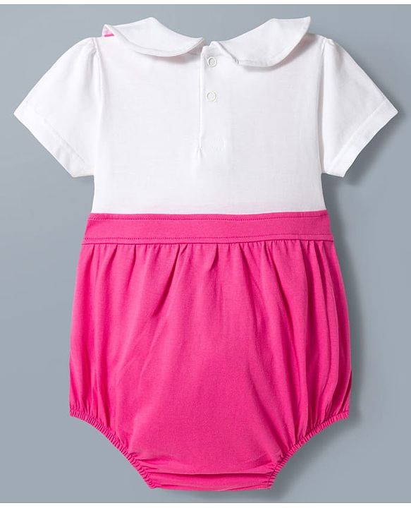 Babyhug 100% Cotton Knit Half Sleeves Onesie with Floral Embroidery & Bow Applique - Pink & White