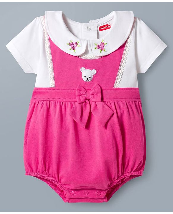 Babyhug 100% Cotton Knit Half Sleeves Onesie with Floral Embroidery & Bow Applique - Pink & White