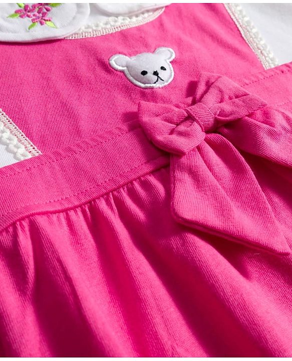 Babyhug 100% Cotton Knit Half Sleeves Onesie with Floral Embroidery & Bow Applique - Pink & White