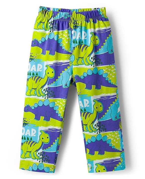 Babyhug Cotton Knit Full Sleeves Dino Printed T-Shirt & Pyjama Co-Ord  Night Suit - Green & Navy Blue