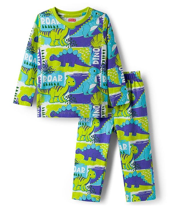 Babyhug Cotton Knit Full Sleeves Dino Printed T-Shirt & Pyjama Co-Ord  Night Suit - Green & Navy Blue