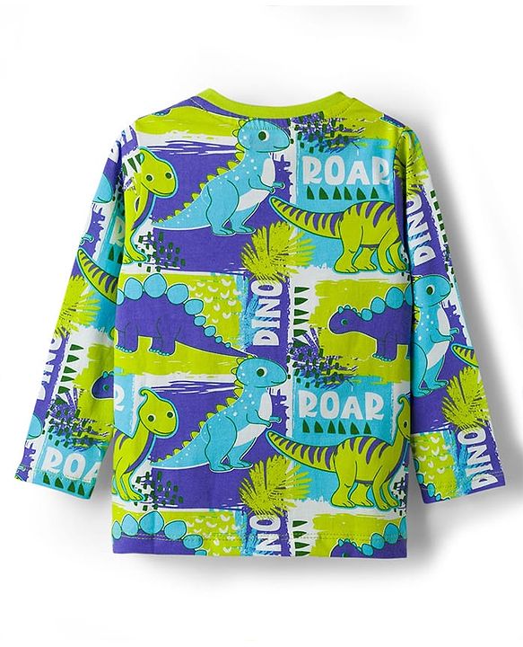 Babyhug Cotton Knit Full Sleeves Dino Printed T-Shirt & Pyjama Co-Ord  Night Suit - Green & Navy Blue