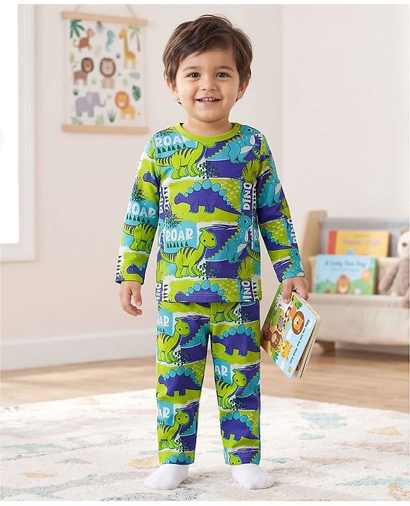 Babyhug Cotton Knit Full Sleeves Dino Printed T-Shirt & Pyjama Co-Ord  Night Suit - Green & Navy Blue